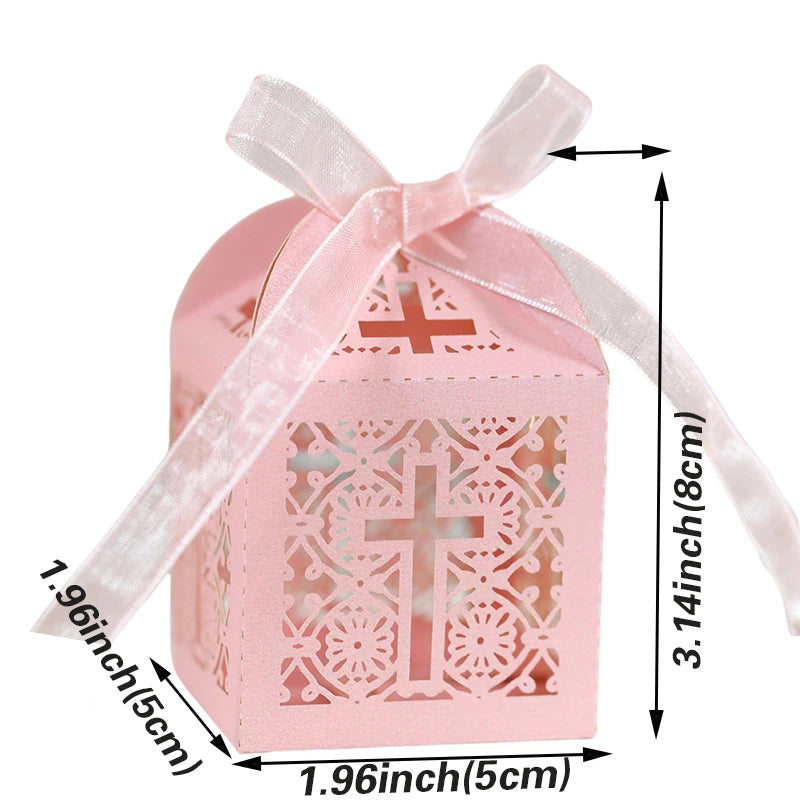 20/30/50PCS Cross Carriage Laser Cut Candy Boxes Wedding Favors Gifts Box Communion Christening Easter Baby Shower Party Decor