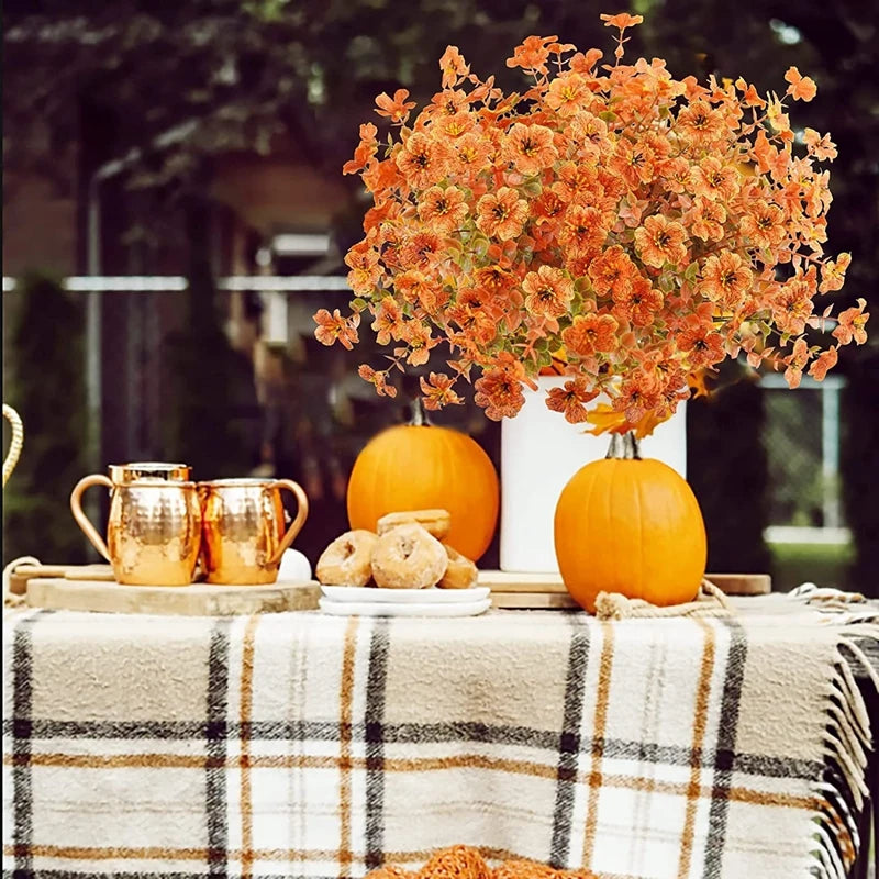 Autumn Artificial Flowers Bouquet Orange Fake Eucalyptus Plant for Home Room Decor Garden Wedding Halloween Christmas Decoration
