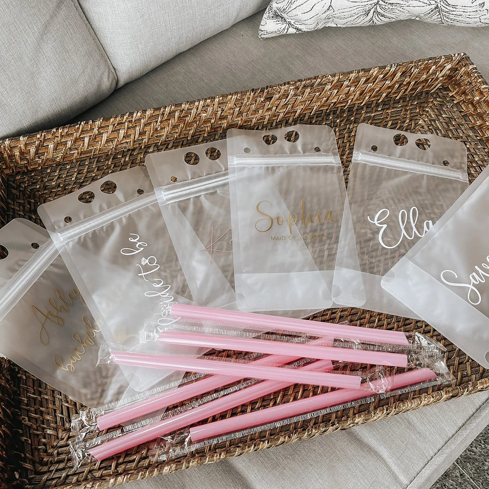 Personalized Drink Pouch Bridal Party Favors Portable Disposable Frosted Liquid Juice Self-Sealing Hot Cold Beverage Booze Bag