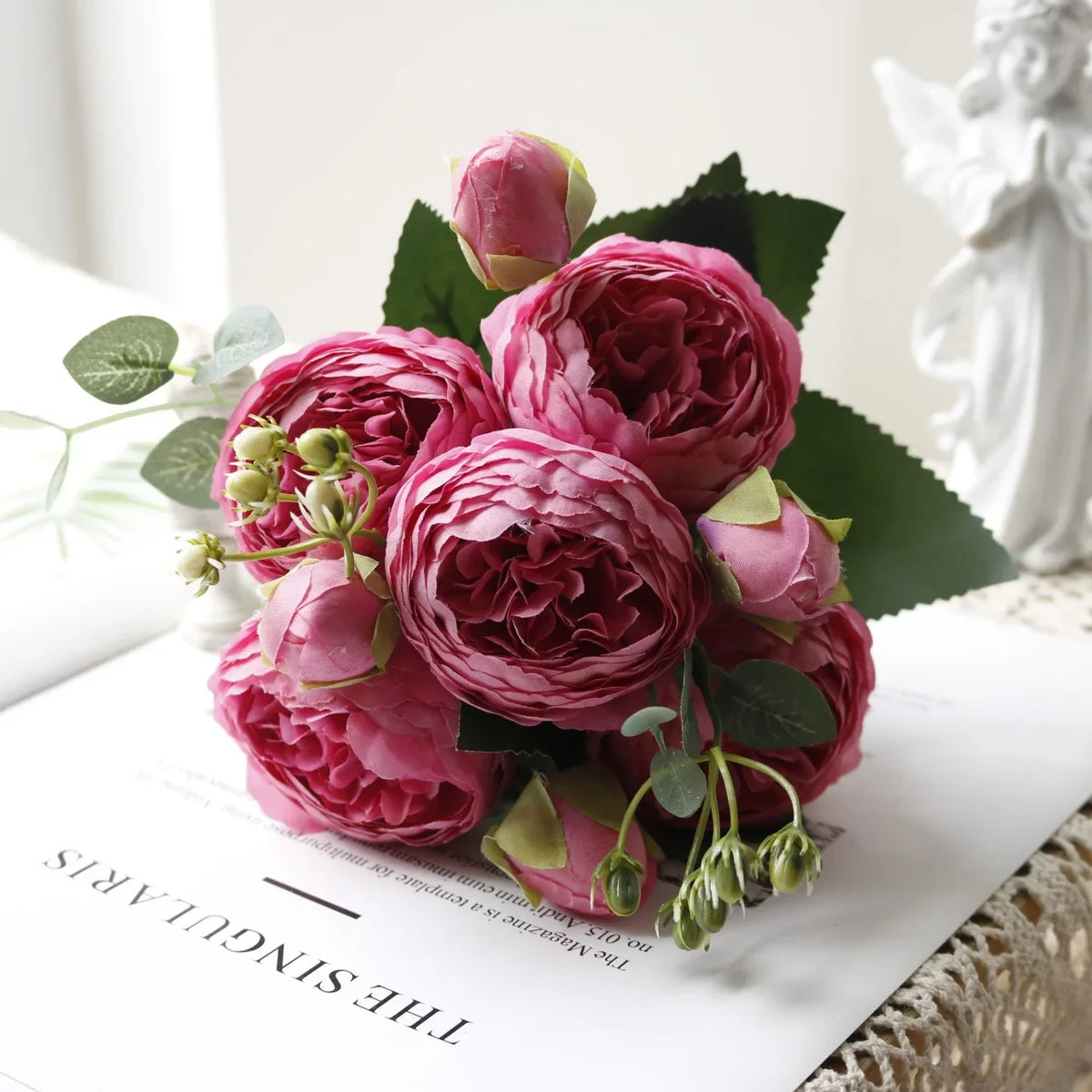 30cm Rose White Peony Artificial Flowers Bouquet 5 Big Head and 4 Bud Cheap Fake Flowers for Home Wedding Decoration Indoor
