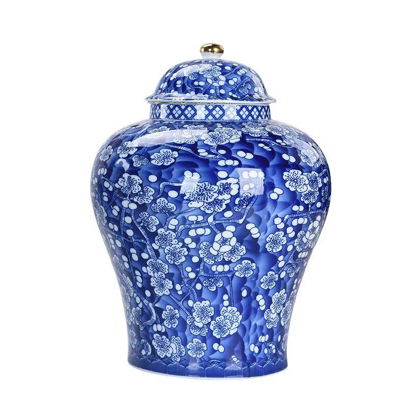 Blue and White Porcelain General Jar Ceramic Tea Pot Sealed Storage Tank Plum Ginger Jar Handicraft Ornaments Home Decoration