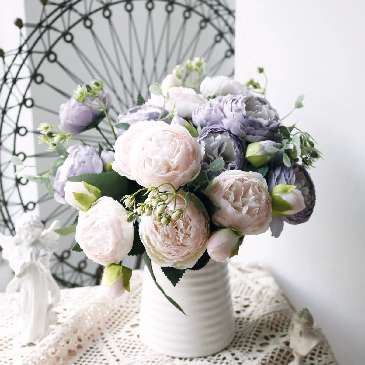 30cm Rose White Peony Artificial Flowers Bouquet 5 Big Head and 4 Bud Cheap Fake Flowers for Home Wedding Decoration Indoor