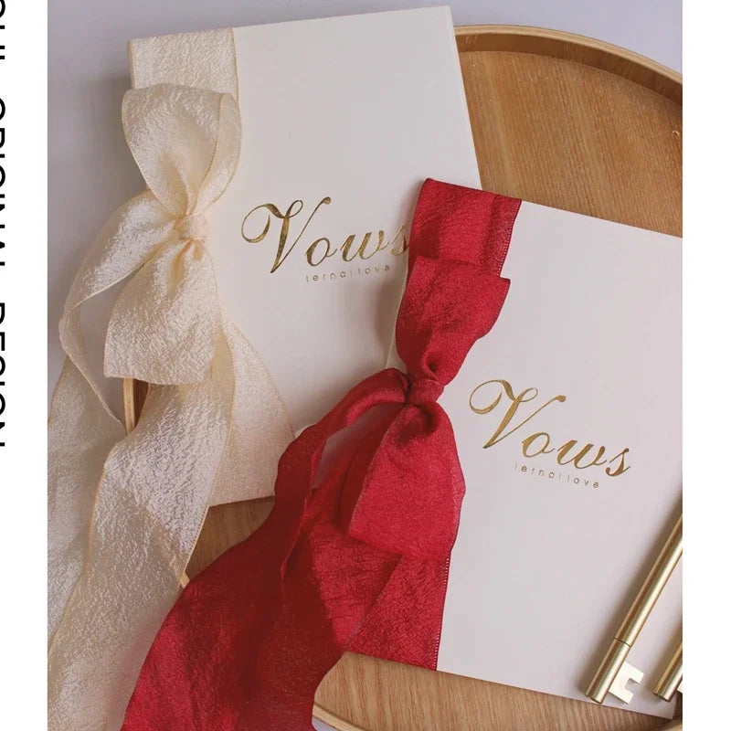 2Pcs/Set Romantic Wedding Favors Bride And Groom Vows Card with  Chiffon Ribbons Gold Pen Book His & Her Photo Props Vow Gift