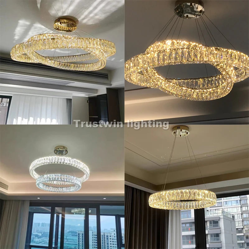 Round Crystal Chandelier Light LED Indoor Modern 40 60 80 100CM Circular Ring Hanging Lamp for Living Dinning Room Bedroom