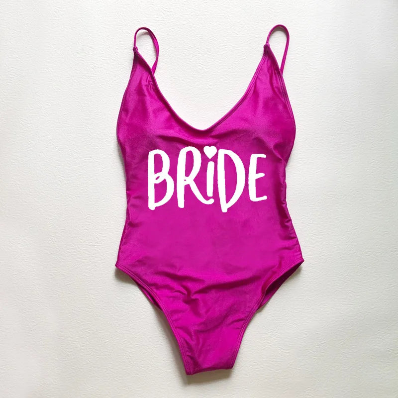 Sexy Padded Swimwear Women Team Bride Love Print One Piece Swimsuit Summer Bathing Suit Bachelor Party Beachwear backless bikini
