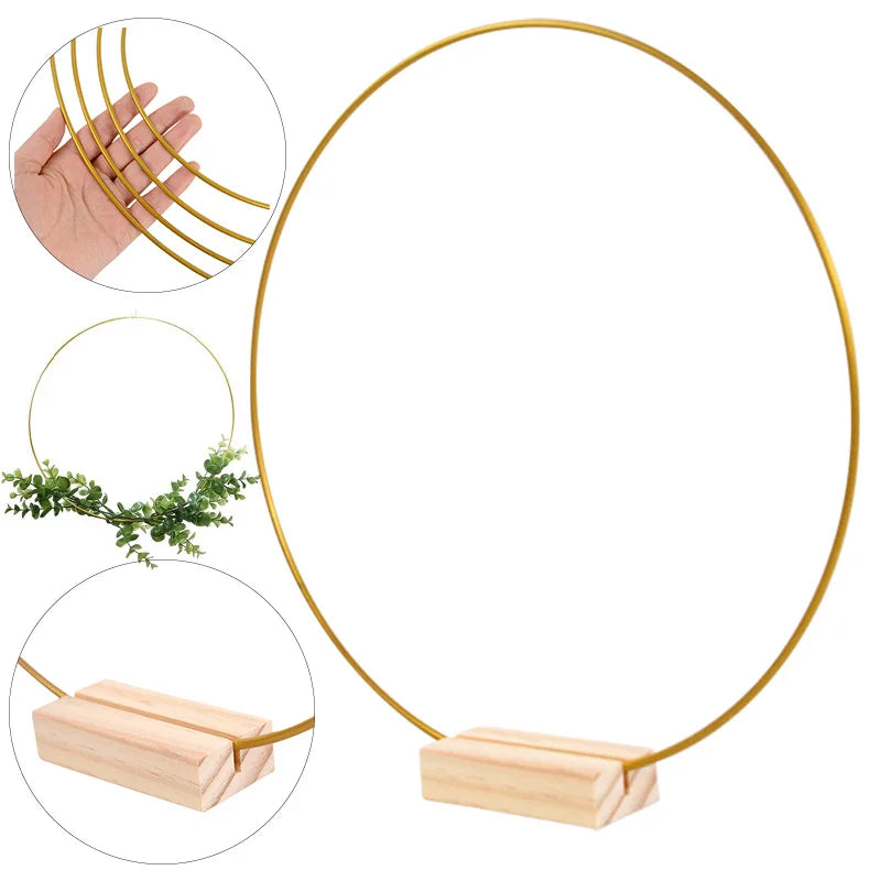 20-35cm Wedding Flower Garland Metal Gold Wreath Ring Wooden Base Wedding Birthday Party Table Decor DIY Wreath Catcher Crafts