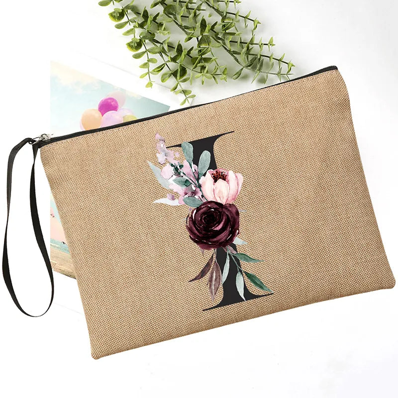 Letter Font Clutch Custom Name Letter Flower Combination Linen Lipstick Bag Travel Organizer Case Simple Wristlet Clutch Bag