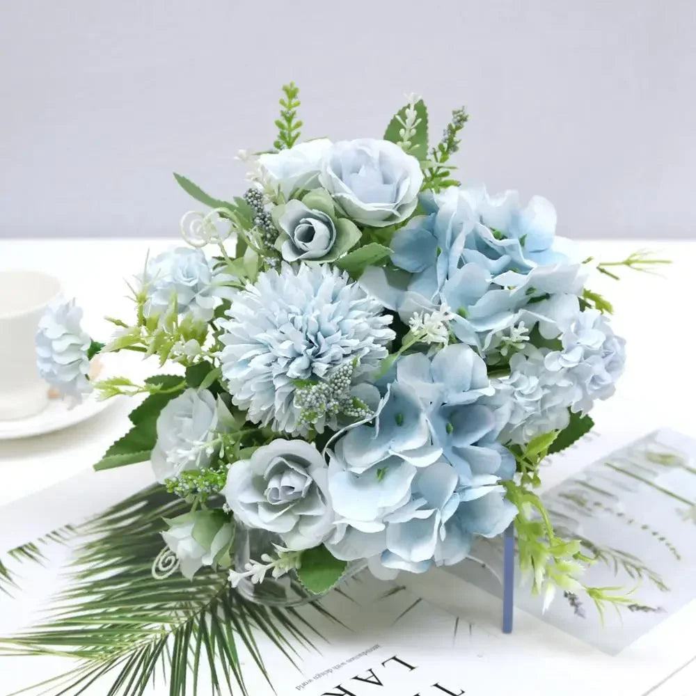 7 Heads Hydrangea Flowers Artificial Bouquet Silk Blooming Fake Peony Bridal Hand Flower Roses Wedding Centerpieces Decor