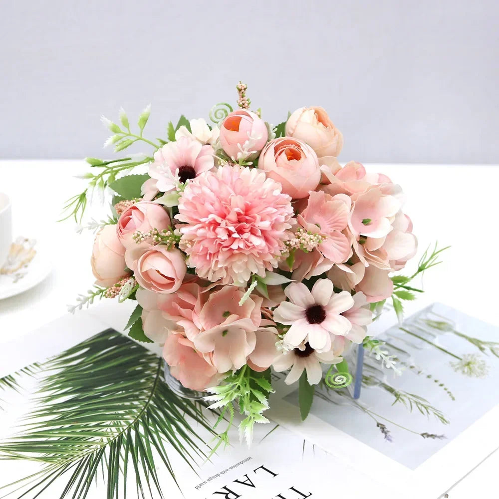 7 Heads Hydrangea Flowers Artificial Bouquet Silk Blooming Fake Peony Bridal Hand Flower Roses Wedding Centerpieces Decor