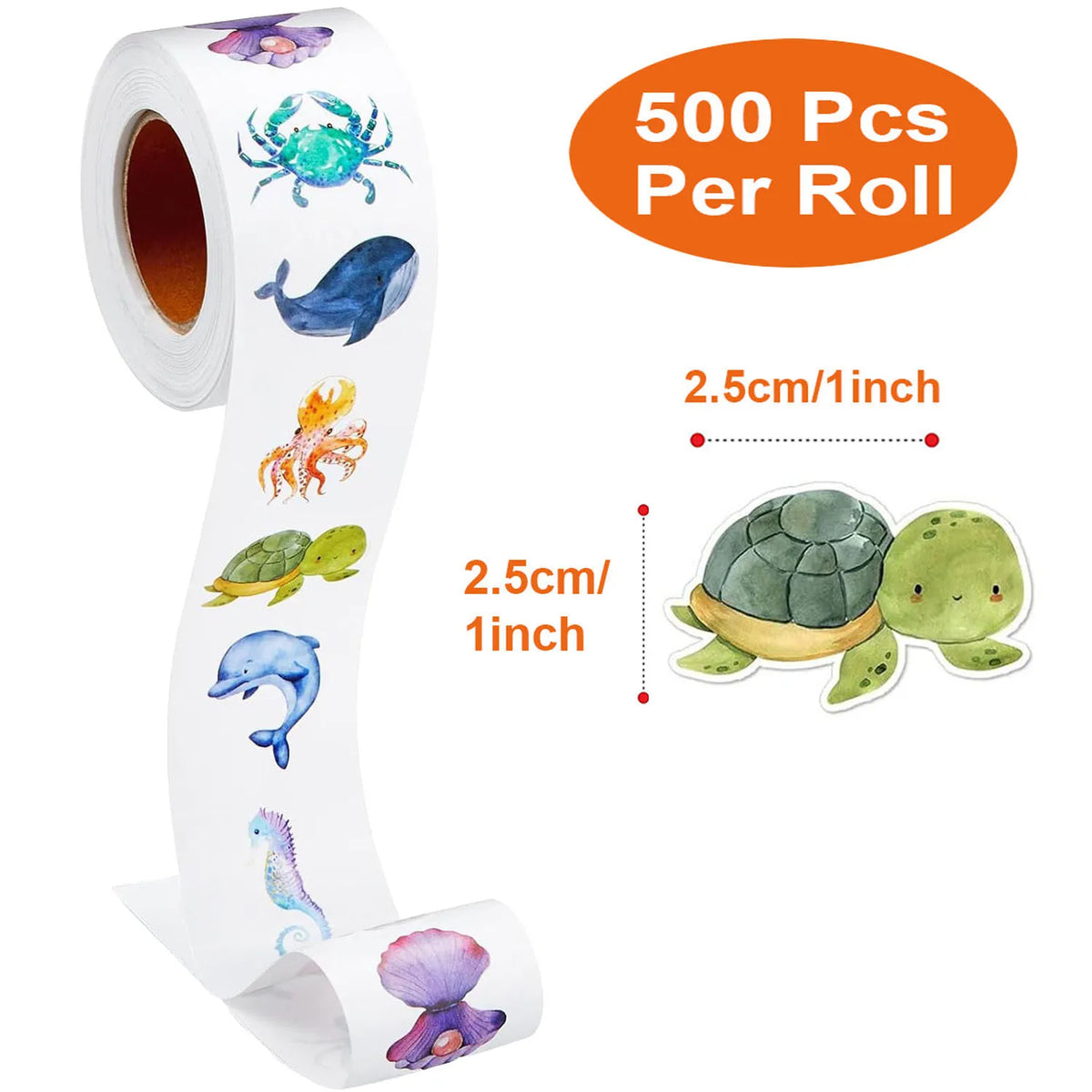 500Pcs/Roll Heterotypic Cartoon Marine Animals Stickers 2.5cm/1.0'' Graffiti Game Art Labels Learning Rewards, Adorn Gifts
