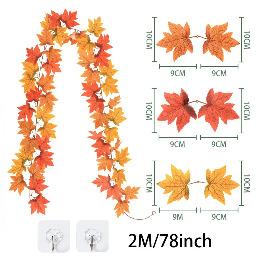 200cm Artificial Fall Maple Leaf Garland Autumn Leaves Fake Plant Garland for Festival Wedding Halloween Thanksgiving Room Decor