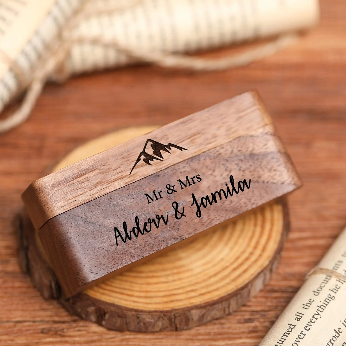 Personalized Wedding Ring Bearer Box, Custom Rustic Engraved Name Date Ring Box, Wood Rings Holder, Proposal or Engagement Ring