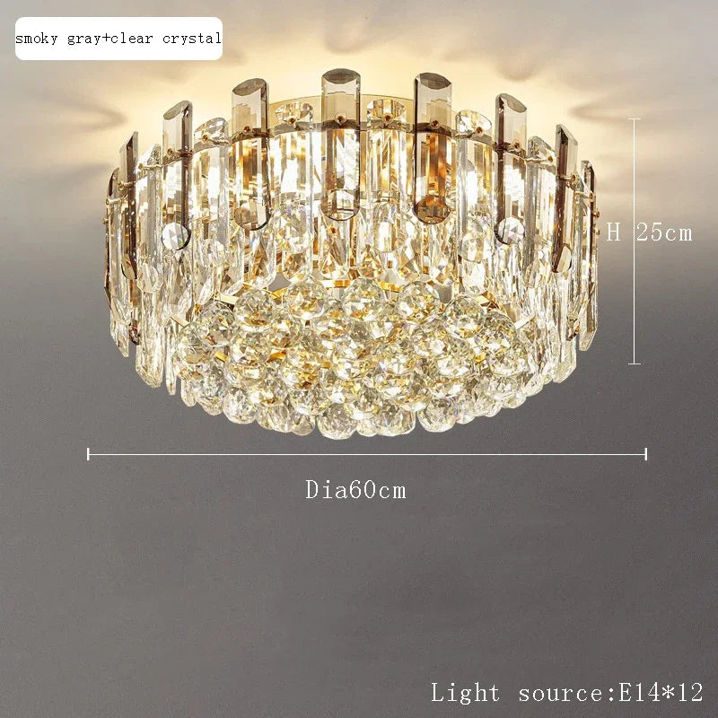 Modern Luxury Ceiling Lamp Smoke Clear Crystal Led Round Lighting for Living Room Bedroom Dining Room Gold Ceiling Chandelier