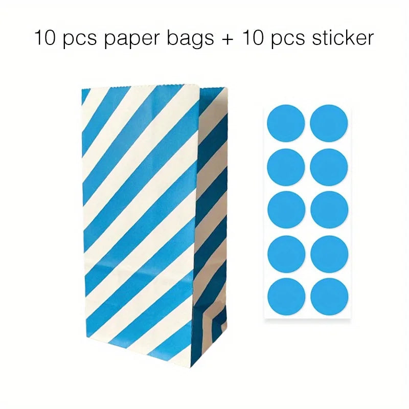 10 pcs Colorful Solid Stripe and Polka Dot Stand-Up Bags with Stickers - 18x9x6cm Favor Gift Packing Treat Bags for Wedding
