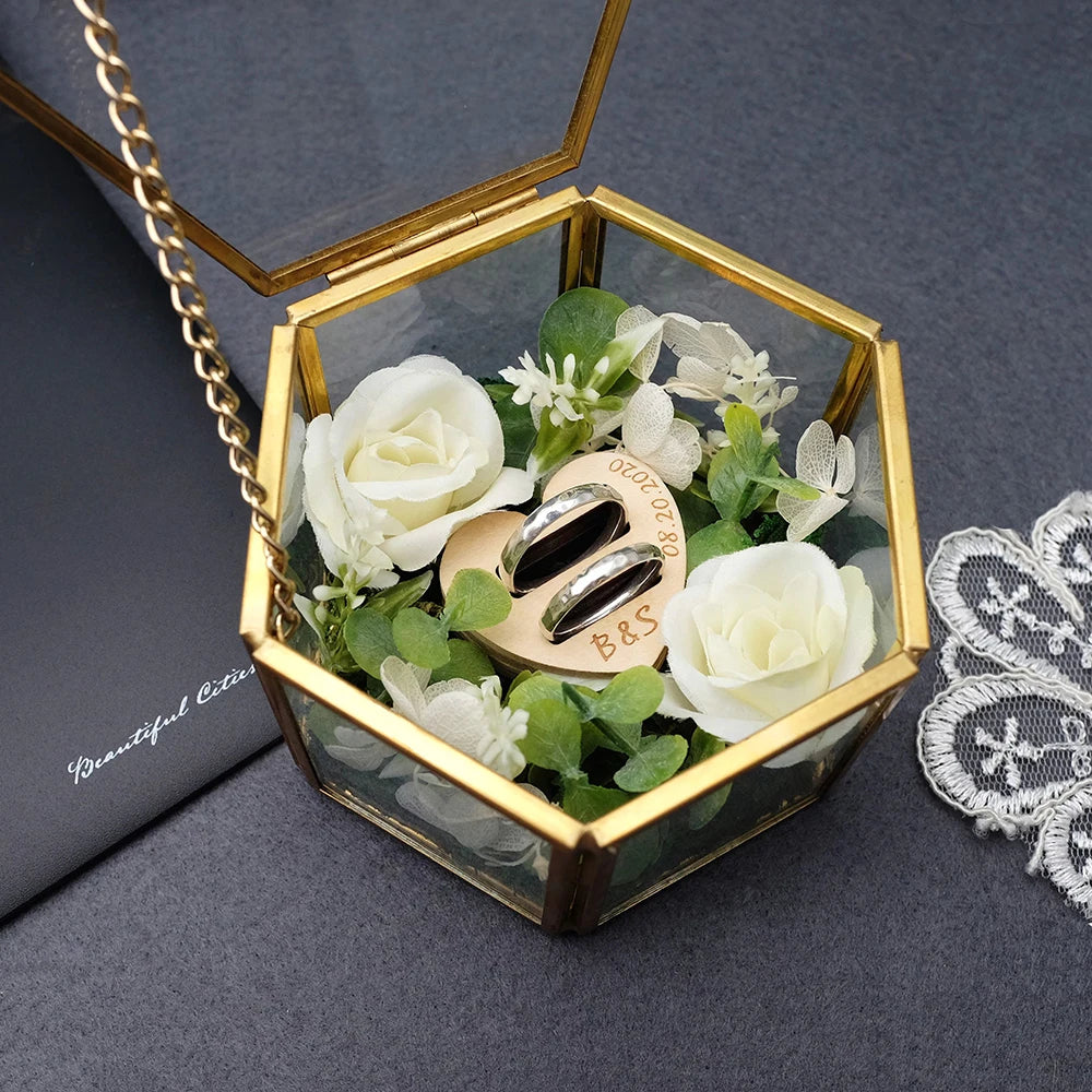 Custom Hexagonal Glass Ring Box Wedding Engagement Valentines Decoration Mr and Mrs Ring Bearer Storage Box for Ceremony