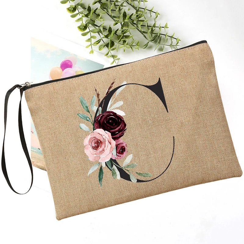 Letter Font Clutch Custom Name Letter Flower Combination Linen Lipstick Bag Travel Organizer Case Simple Wristlet Clutch Bag