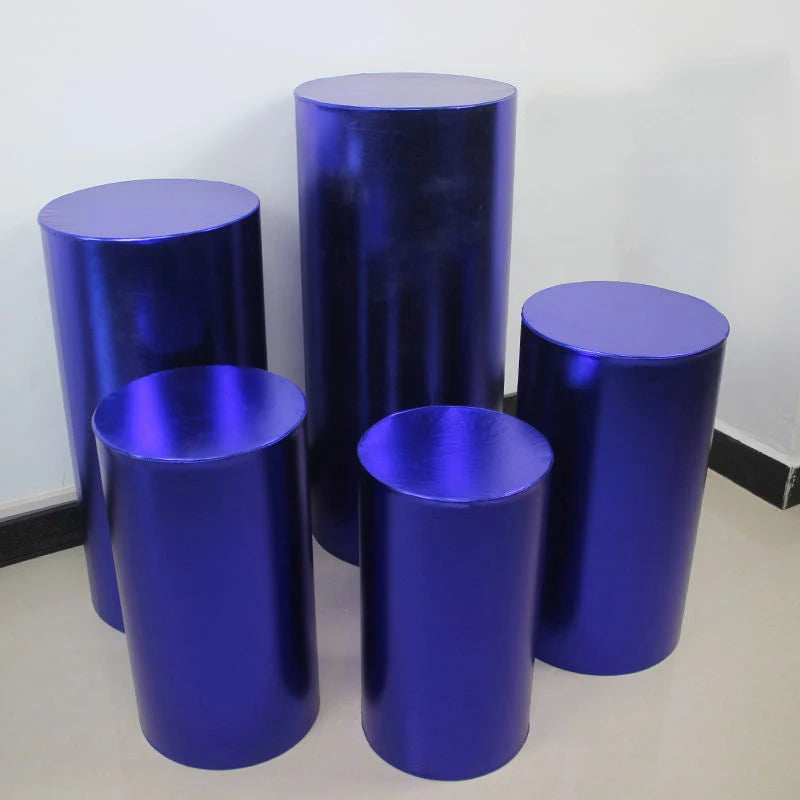 Metallic Gold and Silver Pink Red BLue White Shiny Fabric Stretch Cloth Elastic Pedestal Cylinder Table Covers Party Decoration