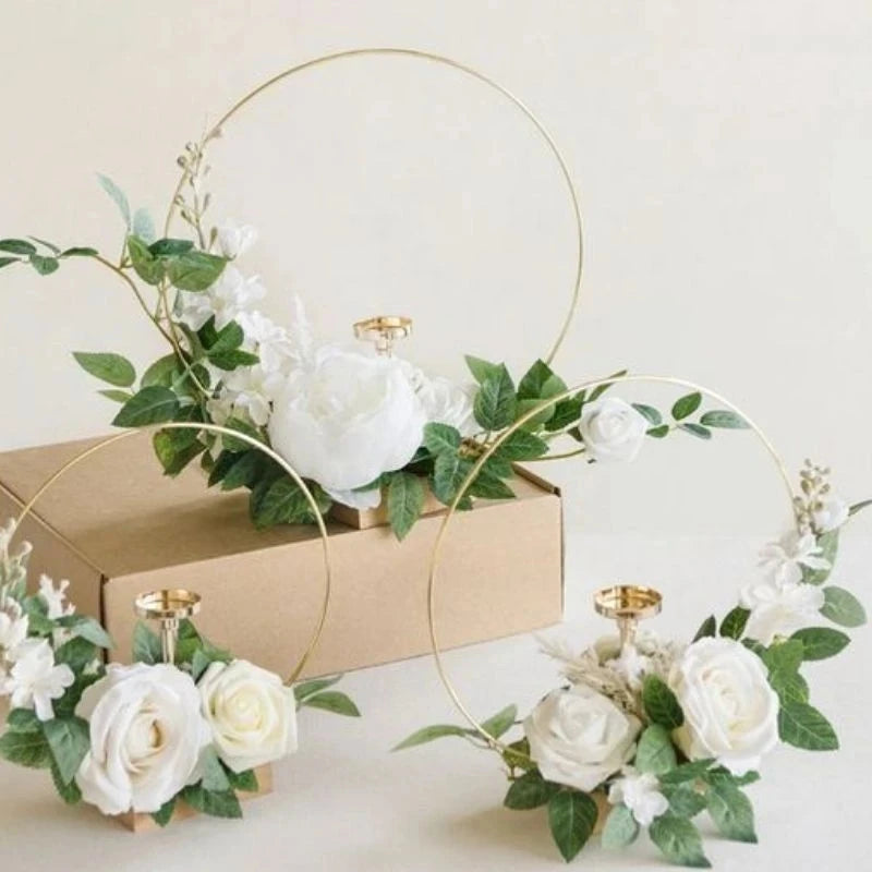 20-35cm Wedding Flower Garland Metal Gold Wreath Ring Wooden Base Wedding Birthday Party Table Decor DIY Wreath Catcher Crafts
