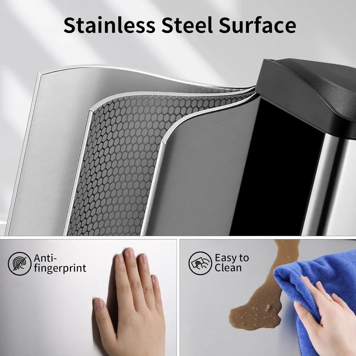 15/45L Rectangular Kitchen Pedal Bin,Stainless Steel Strong Pedal, Silent Soft Close Lid, Stay-Open Lid, Non-Skid Base In Bucket