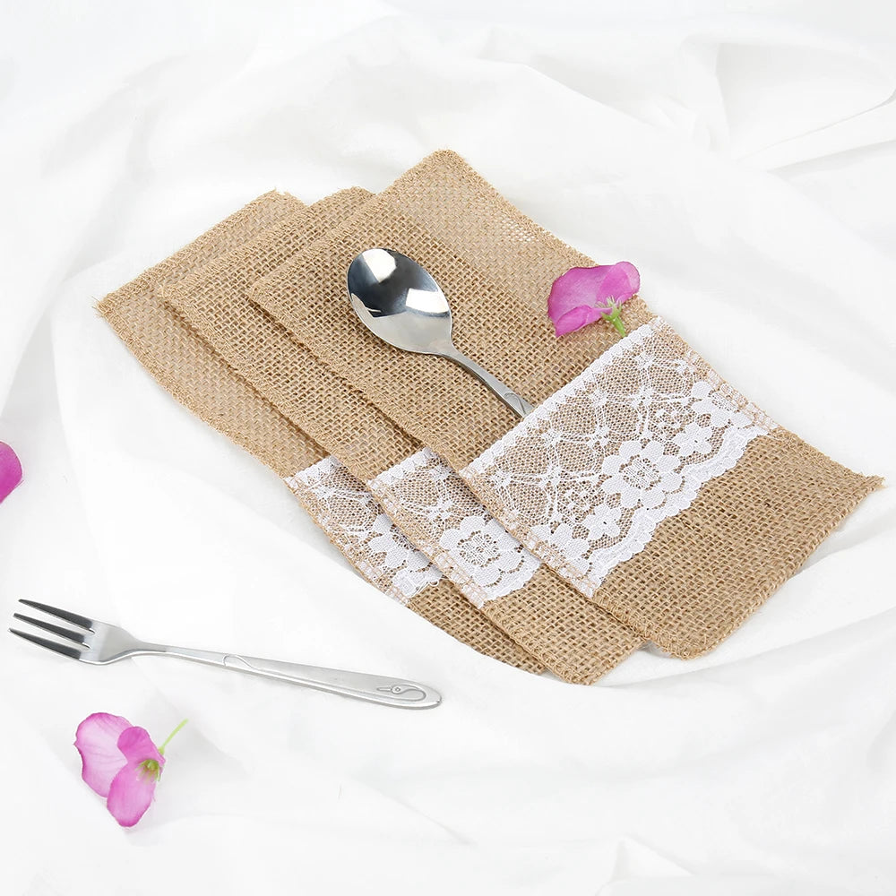 50Pcs Burlap Lace Cutlery Pouch Wedding Tableware Party Supplies Holder Bag Hessian Rustic Jute Table Decoration Accessories