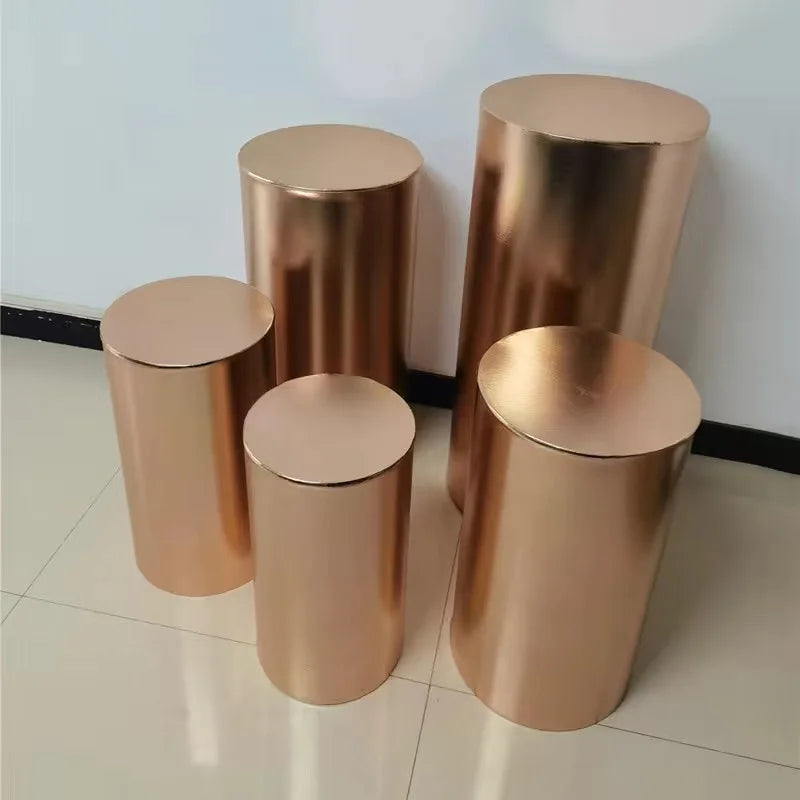 Metallic Gold and Silver Pink Red BLue White Shiny Fabric Stretch Cloth Elastic Pedestal Cylinder Table Covers Party Decoration