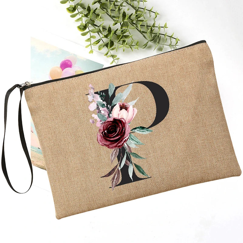 Letter Font Clutch Custom Name Letter Flower Combination Linen Lipstick Bag Travel Organizer Case Simple Wristlet Clutch Bag
