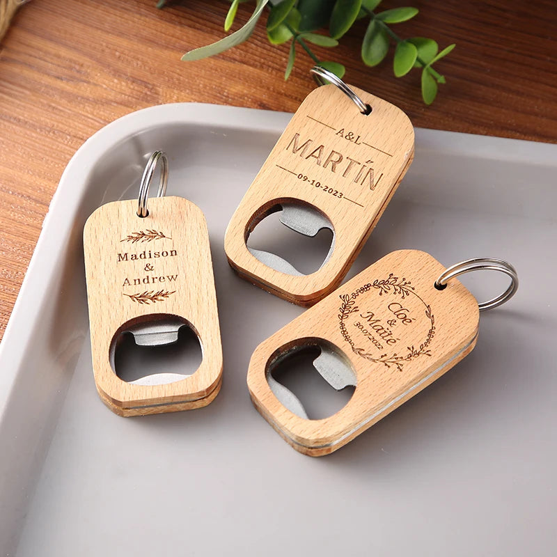 Custom Engraved wedding names Wood Opener KeyChain gift  Bottle Opener Friend Fathers Day Birthday Gift Best Man Present