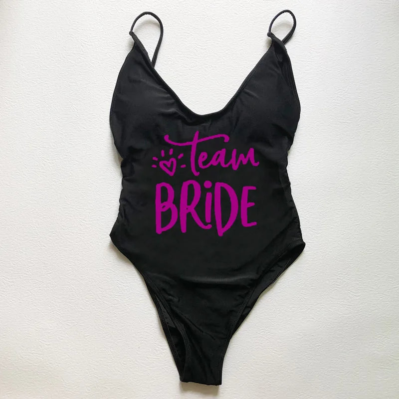 Sexy Padded Swimwear Women Team Bride Love Print One Piece Swimsuit Summer Bathing Suit Bachelor Party Beachwear backless bikini