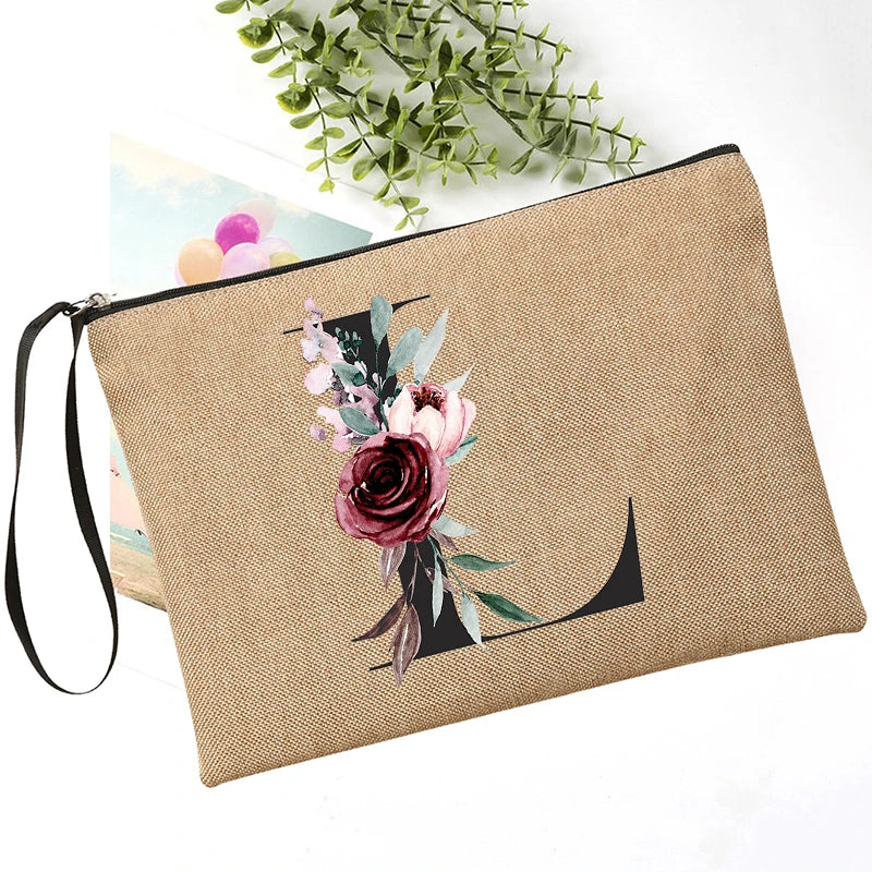 Letter Font Clutch Custom Name Letter Flower Combination Linen Lipstick Bag Travel Organizer Case Simple Wristlet Clutch Bag