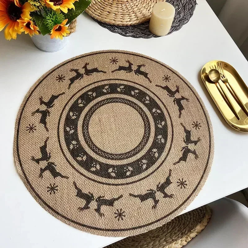 Jute Table Mats Christmas Woven Placemat Ins Printed Hairball Thermal Insulation Mat Retro Cotton and Linen Decorative Mat