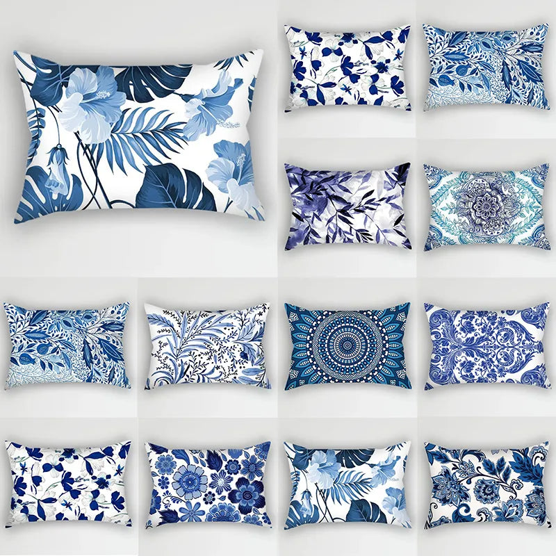 30x50cm Bohemia Blue Flower Polyester Pillowcase Retro Ink Leaves Plant Cushion Cover Sofa Lumbar Pillow Case Home Decoration