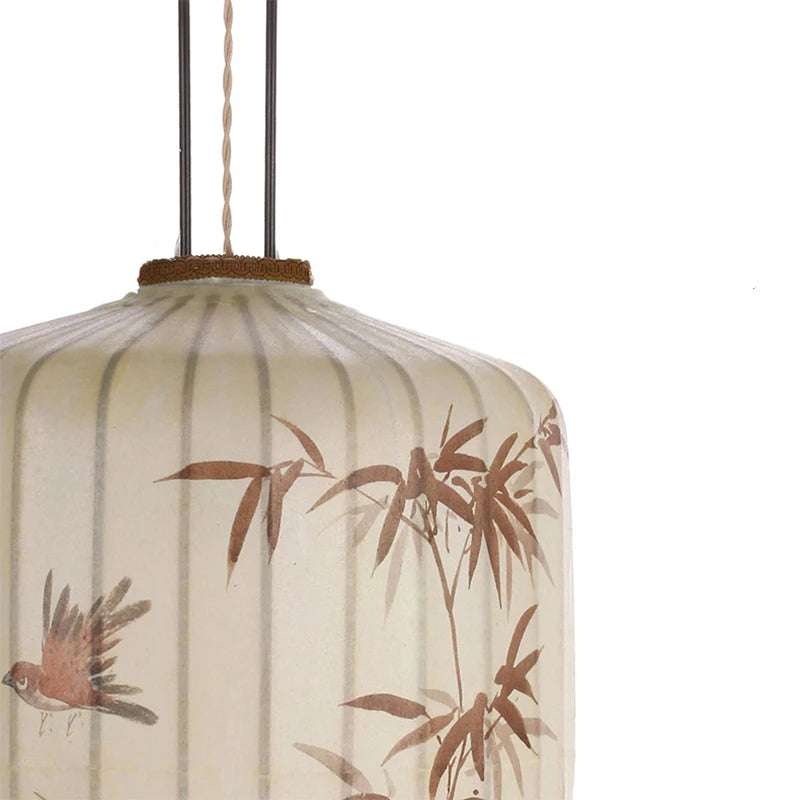New Chinese Fabric Lantern Lamp For Restaurant Living Room Retro Hotel Homestay Balcony Hand Drawn Pattern Chandelier Free Bulb