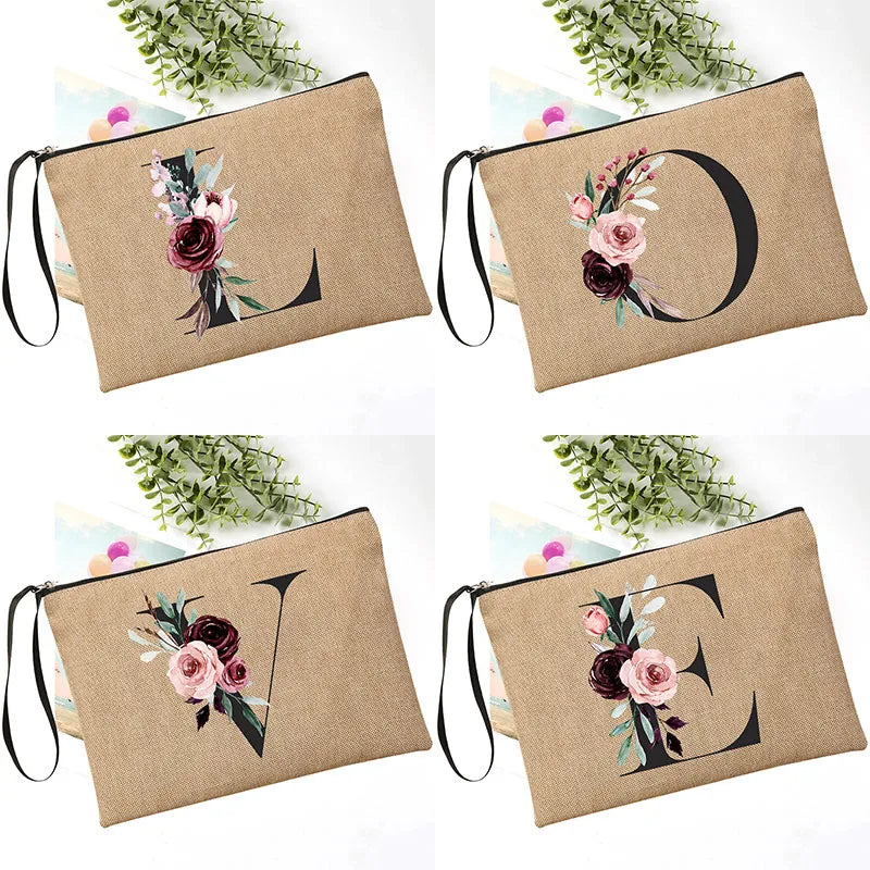 Letter Font Clutch Custom Name Letter Flower Combination Linen Lipstick Bag Travel Organizer Case Simple Wristlet Clutch Bag