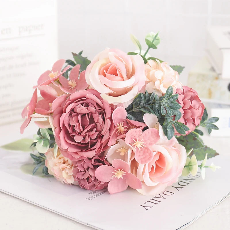 7 Heads Silk Peony Artificial Flower Hydrangea For Room Home Decoration Wedding Bride Bouquet Rose False Table Plant Accessories