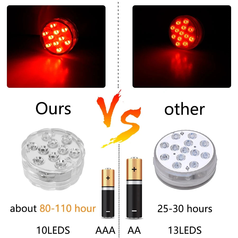 10 LEDs RGB Submersible Light Underwater Lamp Battery Operated Garden Swimming Pool Light for Wedding Party Aquarium Vase Bowl
