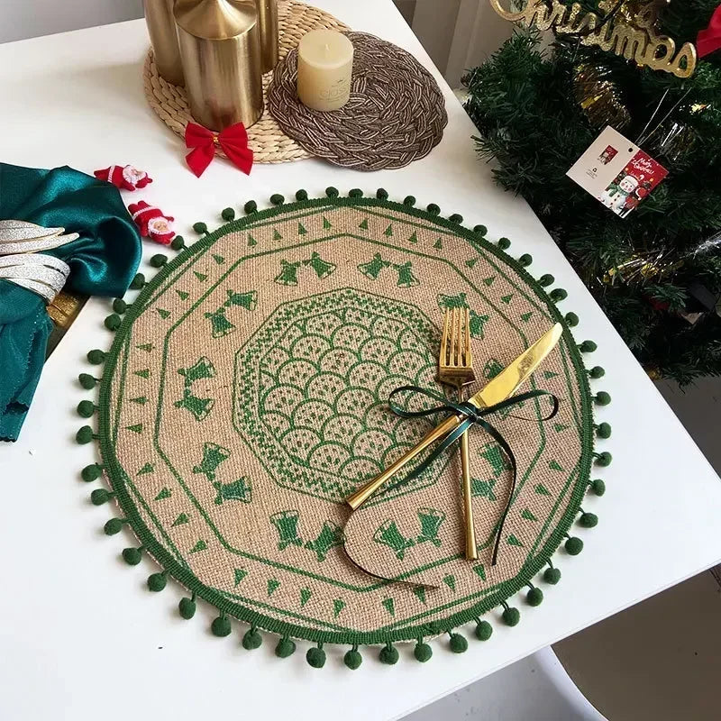 Jute Table Mats Christmas Woven Placemat Ins Printed Hairball Thermal Insulation Mat Retro Cotton and Linen Decorative Mat