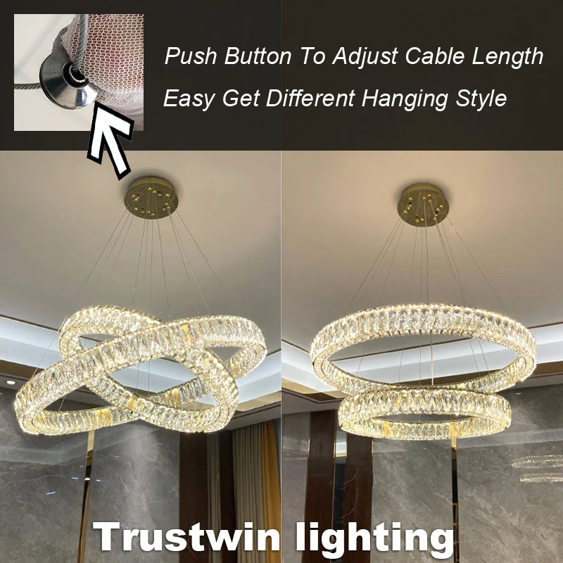 Round Crystal Chandelier Light LED Indoor Modern 40 60 80 100CM Circular Ring Hanging Lamp for Living Dinning Room Bedroom