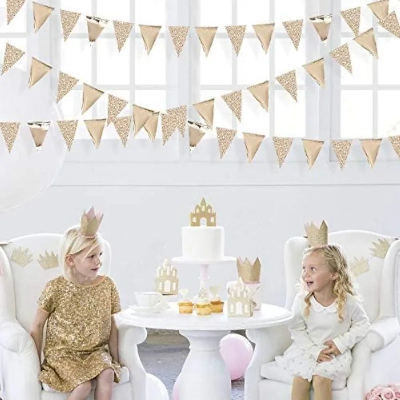 Champagne Gold Triangle Flag Pennant Banner Bunting for Graduation Birthday Wedding Nautical Ahoy Achor Theme Party Supplies