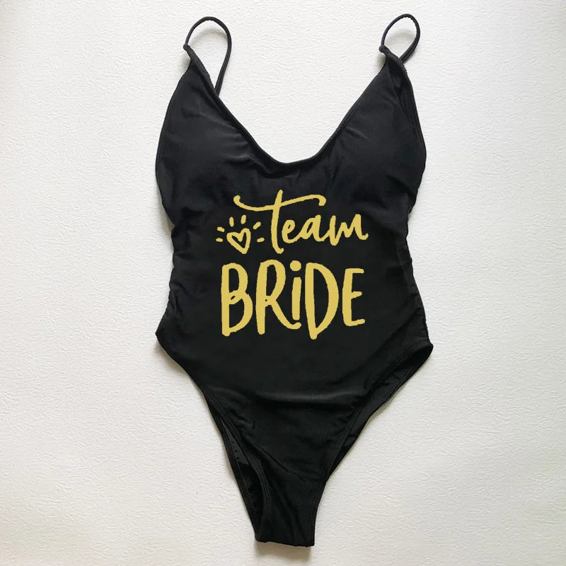 Sexy Padded Swimwear Women Team Bride Love Print One Piece Swimsuit Summer Bathing Suit Bachelor Party Beachwear backless bikini