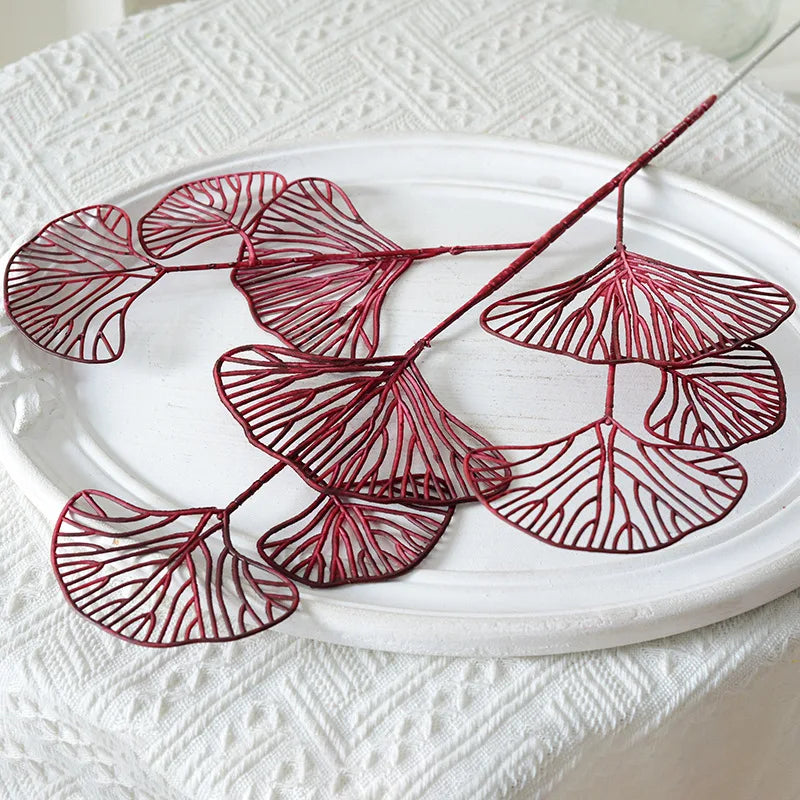 1/2/5pcs Three-pronged Fan Leaf Netting Artificial Gold Ginkgo Eucalyptus Holly For Wedding Arch Flower Arrangement Home Decor