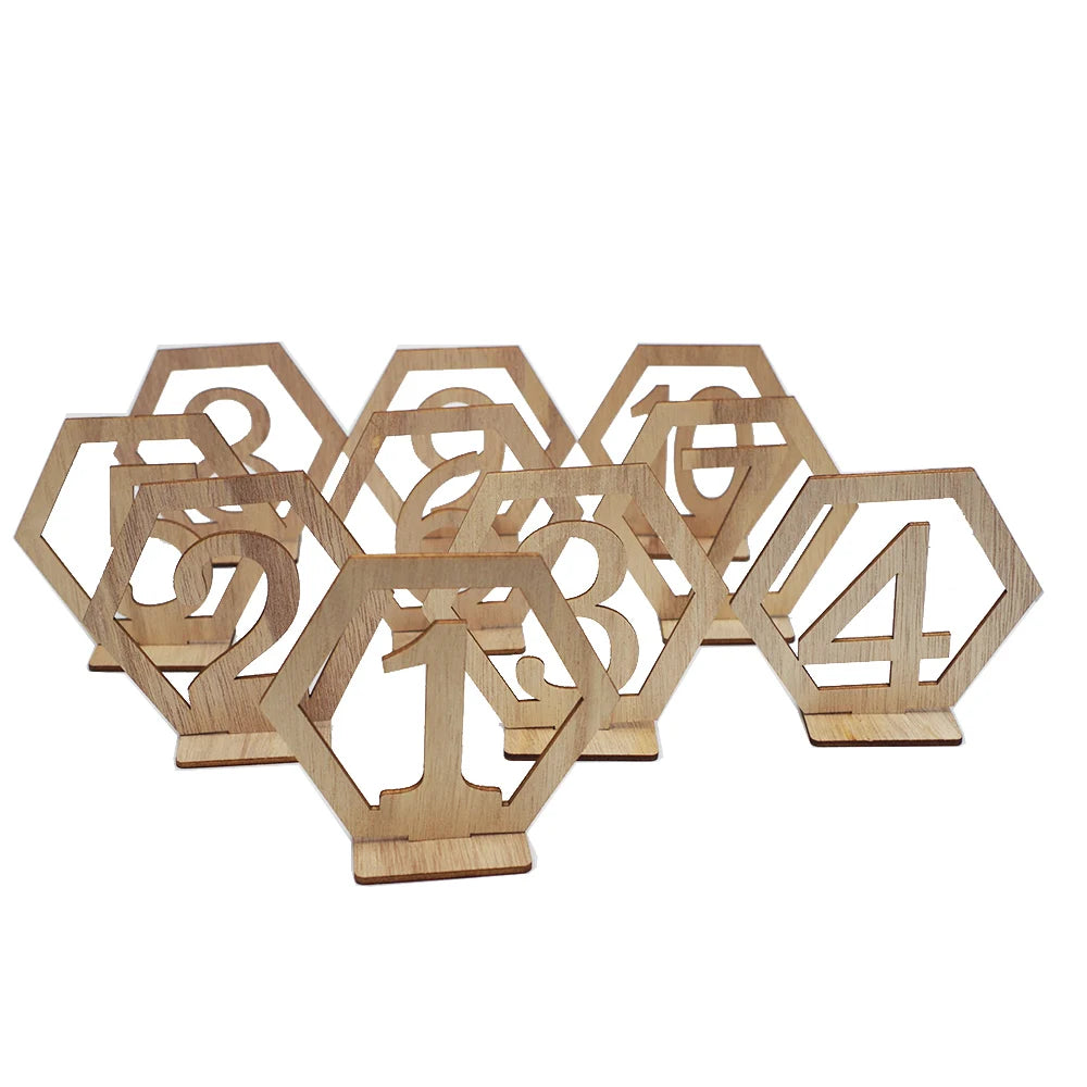 1Set Wedding Table Numbers Sign Hexagon Wooden Seat Number Holders Wedding Decoration Birthday Party Engagement Supplies
