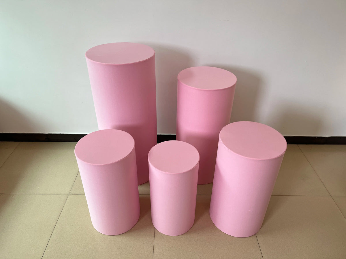Metallic Gold and Silver Pink Red BLue White Shiny Fabric Stretch Cloth Elastic Pedestal Cylinder Table Covers Party Decoration