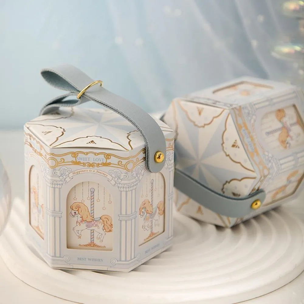 Wedding Carousel Gift Box Decoration Leather Handle Birthday Wedding with Hand Gift Paper Handheld Gift Bag