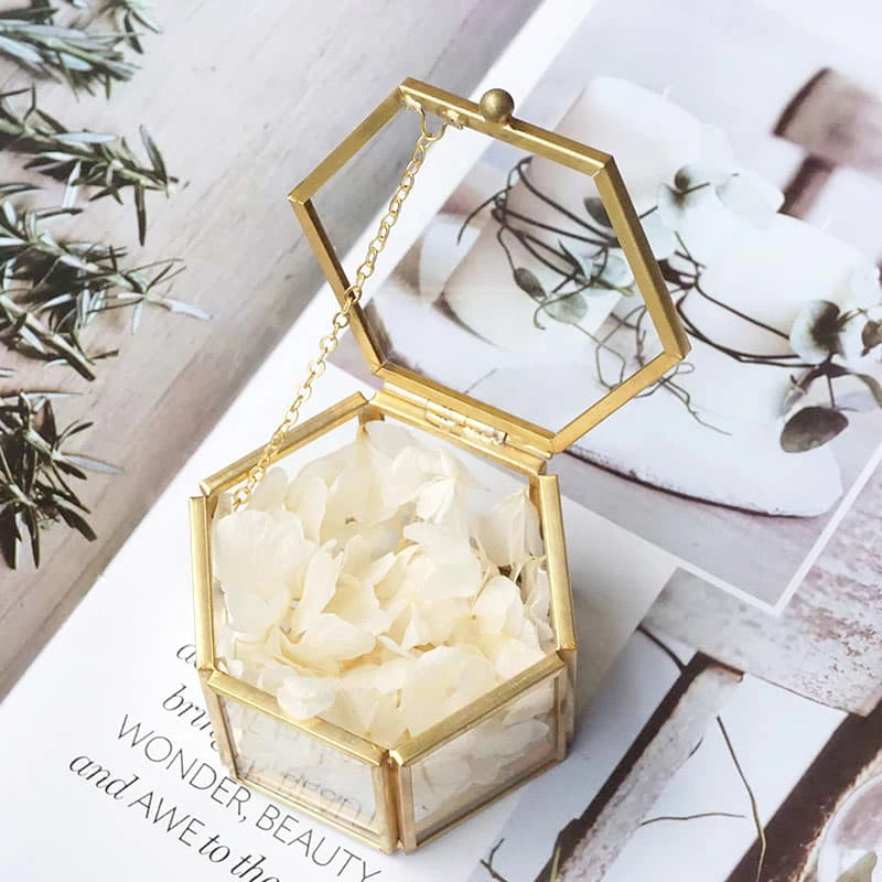 Custom Hexagonal Glass Ring Box Wedding Engagement Valentines Decoration Mr and Mrs Ring Bearer Storage Box for Ceremony