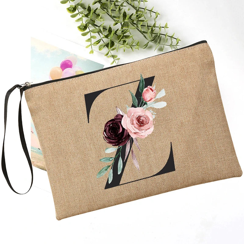 Letter Font Clutch Custom Name Letter Flower Combination Linen Lipstick Bag Travel Organizer Case Simple Wristlet Clutch Bag