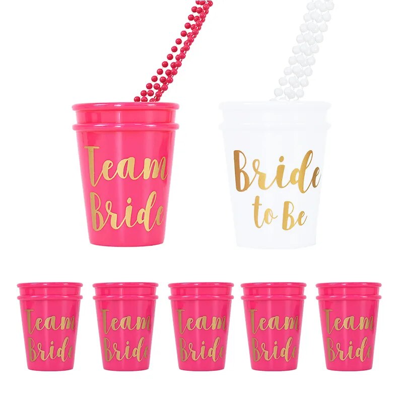 Team Bride To Be Cup Rose Red Plastic Shot Glasses Necklace Drinking Cups for Wedding Bridal Shower Bachelorette Hen Party Decor