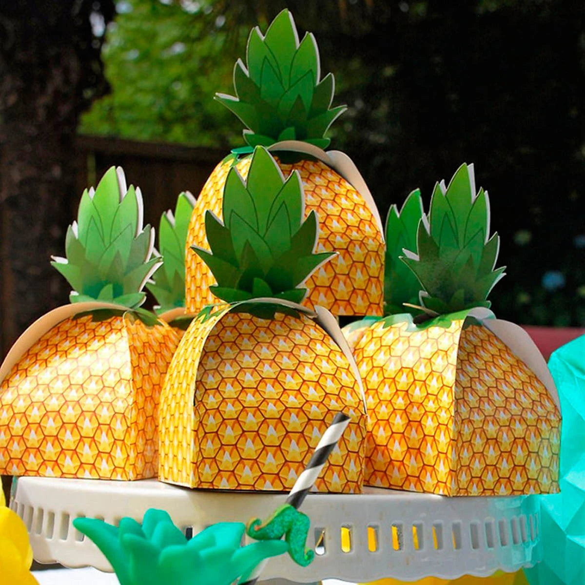 5pcs Pineapple Shape Cardboard Goodies Candy Packing Box Favor Hawaiian Luau Summer Party Decorations Gift Box Supplies Birthday