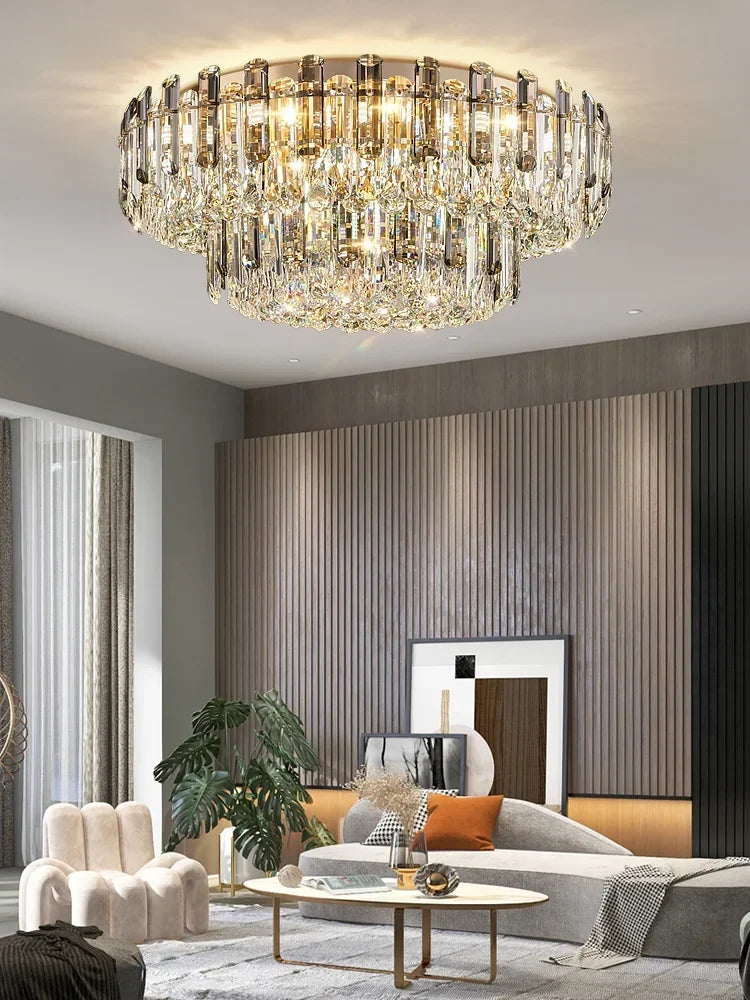 Modern Luxury Ceiling Lamp Smoke Clear Crystal Led Round Lighting for Living Room Bedroom Dining Room Gold Ceiling Chandelier