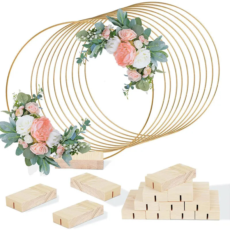 20-35cm Wedding Flower Garland Metal Gold Wreath Ring Wooden Base Wedding Birthday Party Table Decor DIY Wreath Catcher Crafts