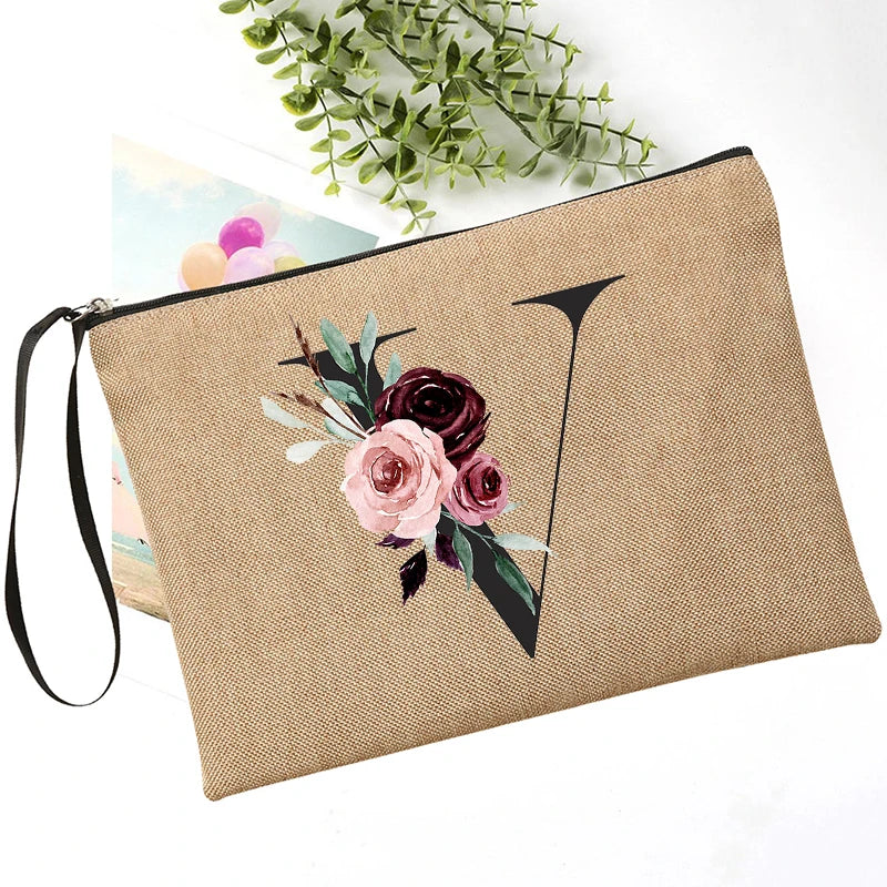 Letter Font Clutch Custom Name Letter Flower Combination Linen Lipstick Bag Travel Organizer Case Simple Wristlet Clutch Bag